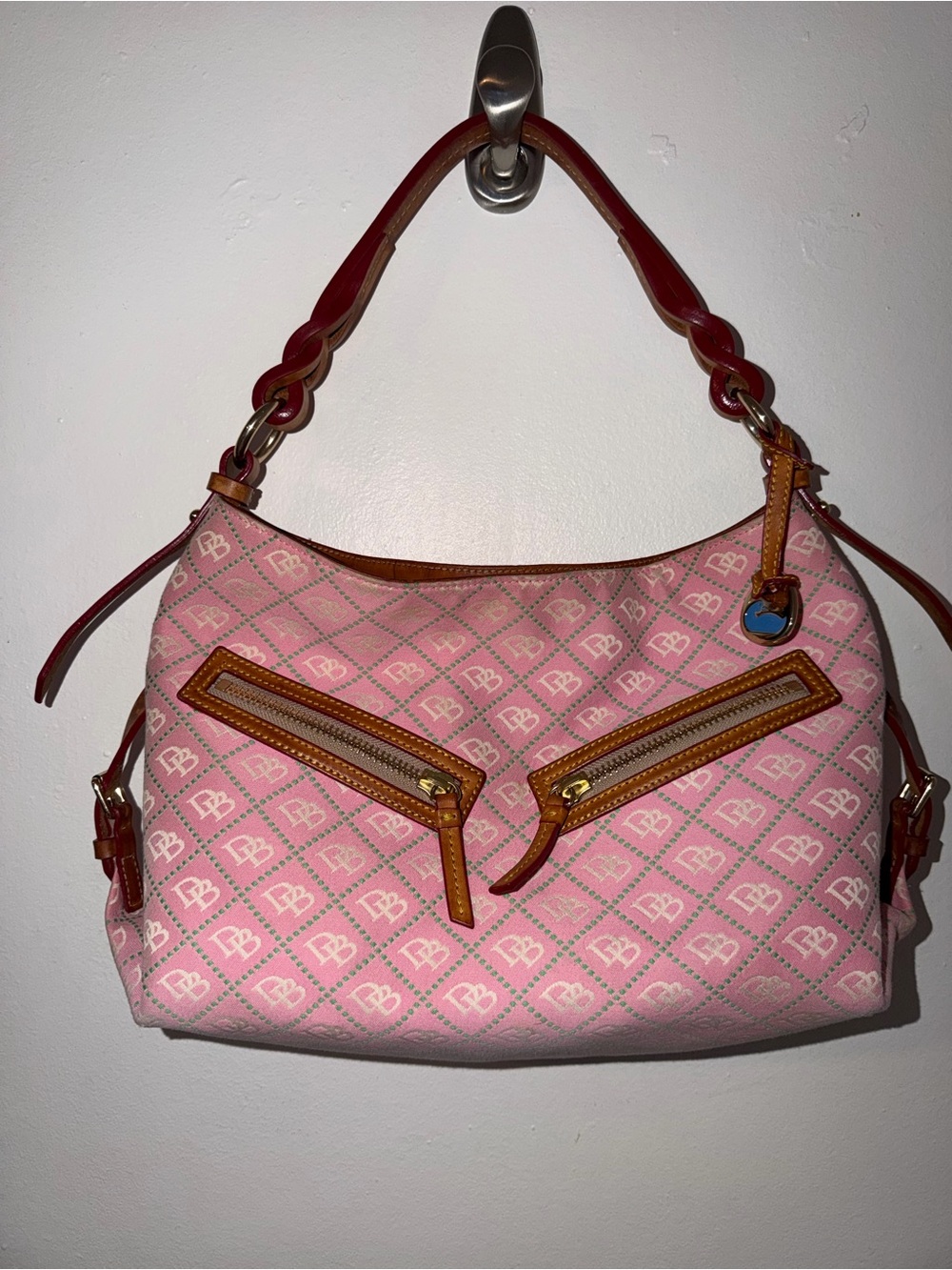 Authentic Dooney & Bourke Pink Signature Hobo with Vachetta Leather Trim